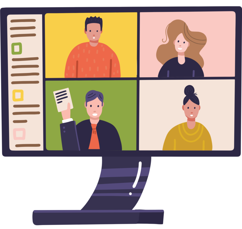 Graphic of people having an online meeting on a computer screen