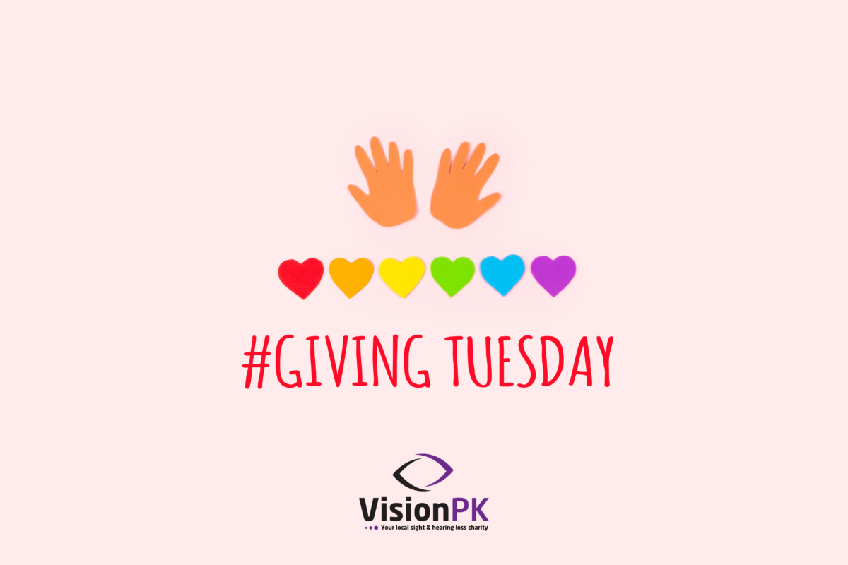 Graphic hands with 6 rainbow coloured hearts in a row underneath Text says #Giving Tuesday then the VisionPK logo