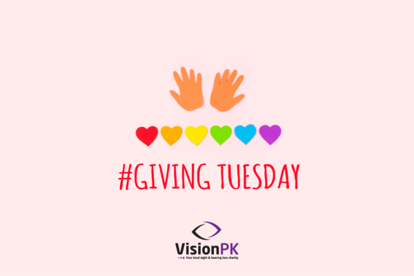 Graphic of hands with 6 rainbow coloured hearts in a row underneath Text says #Giving Tuesday then the VisionPK logo